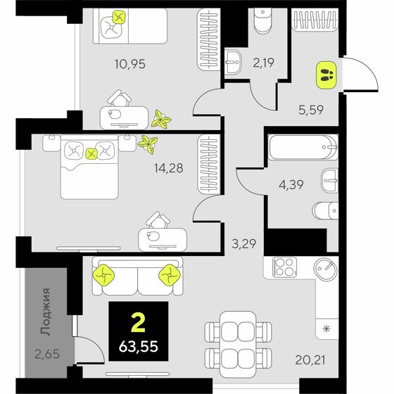 62 м², 2-комнатная квартира 6 940 000 ₽ - изображение 49
