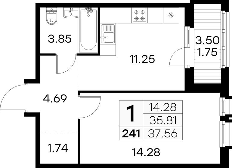 37,6 м², 1-комнатная квартира 7 219 999 ₽ - изображение 1