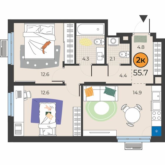 55,7 м², 2-комнатная квартира 7 368 720 ₽ - изображение 1