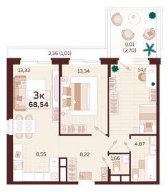 Квартира 68,5 м², 3-комнатная - изображение 1