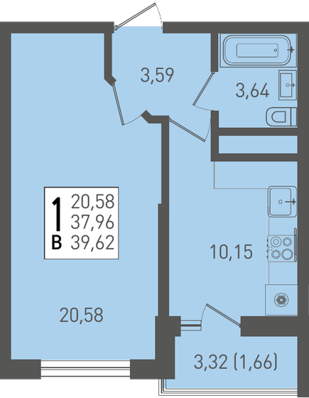 39,6 м², 1-комнатная квартира 5 071 360 ₽ - изображение 1