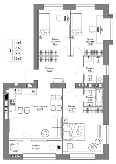 92,6 м², 3-комнатная квартира 10 359 301 ₽ - изображение 1