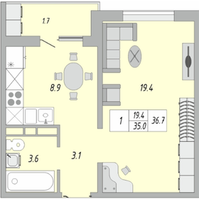 Квартира 36,7 м², 1-комнатная - изображение 1