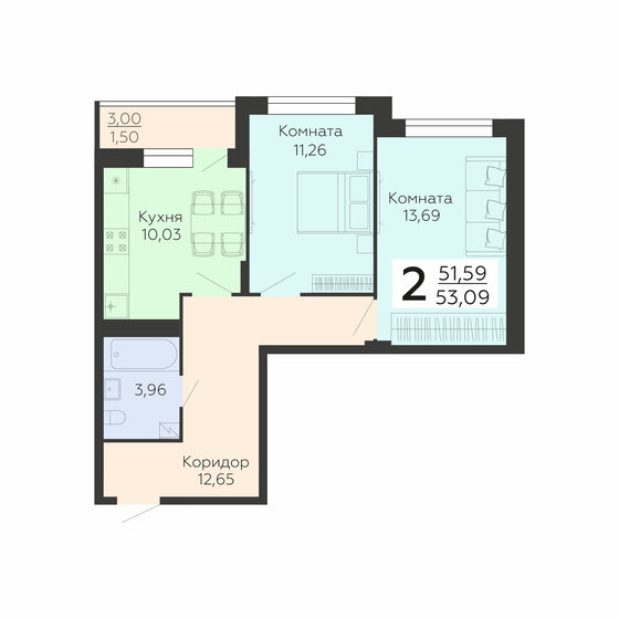 53,1 м², 2-комнатная квартира 5 202 820 ₽ - изображение 1