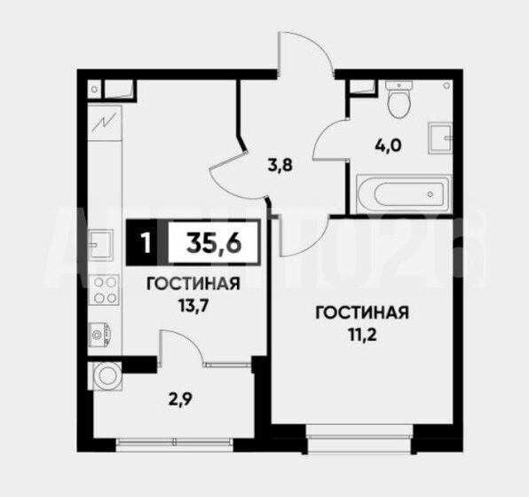 35,6 м², 1-комнатная квартира 3 800 000 ₽ - изображение 1