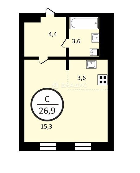 26,9 м², апартаменты-студия 11 200 000 ₽ - изображение 1