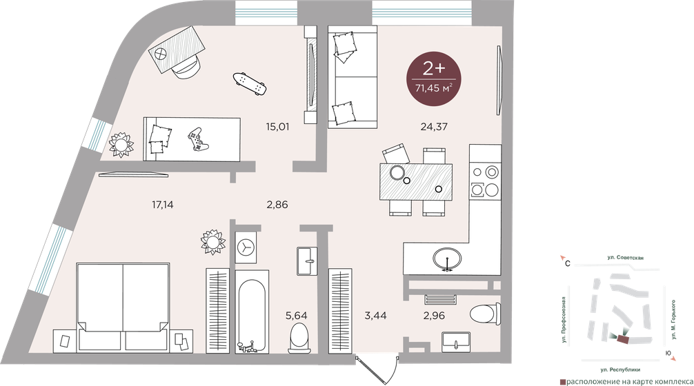 71,5 м², 2-комнатная квартира 12 830 000 ₽ - изображение 1