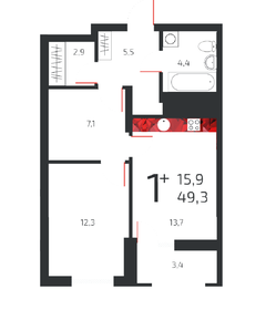 Квартира 49,4 м², 1-комнатная - изображение 1