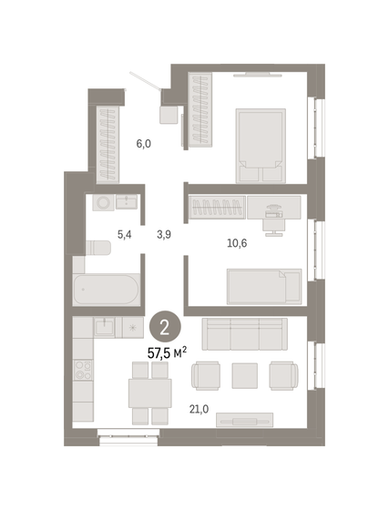 57,5 м², 2-комнатная квартира 19 110 000 ₽ - изображение 1