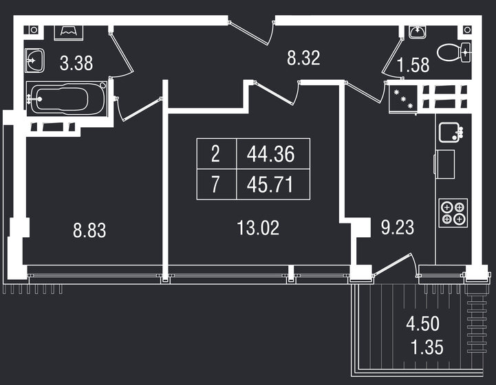 45,7 м², 2-комнатные апартаменты 14 668 058 ₽ - изображение 1