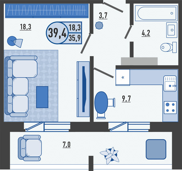 39,4 м², 1-комнатная квартира 3 234 740 ₽ - изображение 1