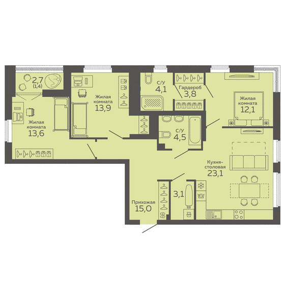 94,6 м², 3-комнатная квартира 16 581 000 ₽ - изображение 1