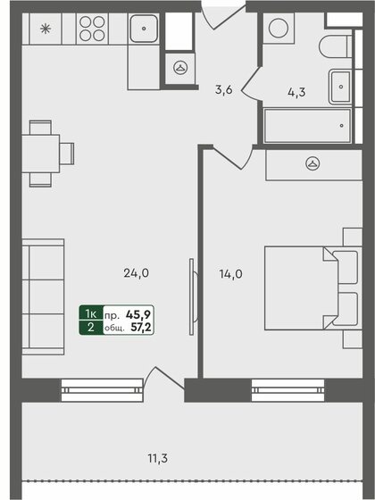 57,2 м², 1-комнатная квартира 5 450 000 ₽ - изображение 1