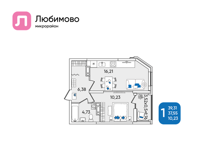 39,3 м², 1-комнатная квартира 6 408 356 ₽ - изображение 1