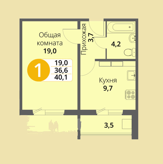 36,6 м², 1-комнатная квартира 3 499 700 ₽ - изображение 1