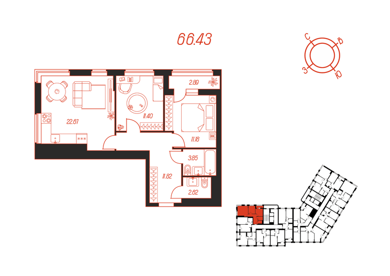 66,4 м², 2-комнатная квартира 8 548 620 ₽ - изображение 1