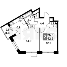 Квартира 43 м², 2-комнатная - изображение 1