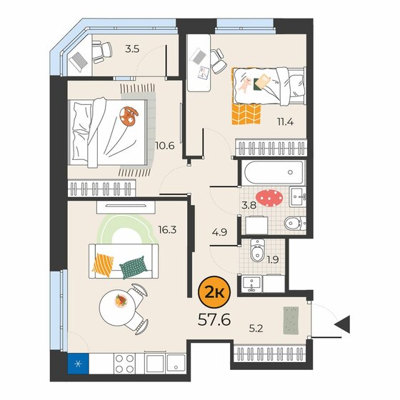 57,6 м², 2-комнатная квартира 8 412 000 ₽ - изображение 1