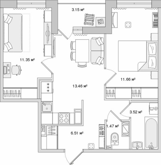 51,1 м², 2-комнатная квартира 18 796 552 ₽ - изображение 1