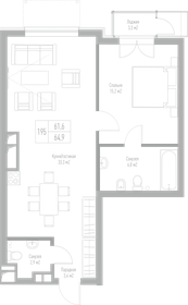 Квартира 64,9 м², 1-комнатная - изображение 1