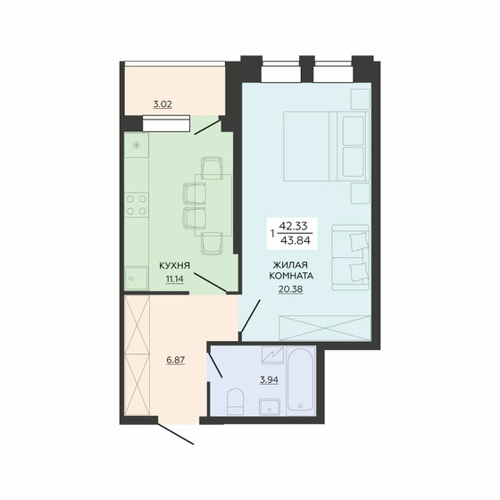 43,8 м², 1-комнатная квартира 5 699 200 ₽ - изображение 1