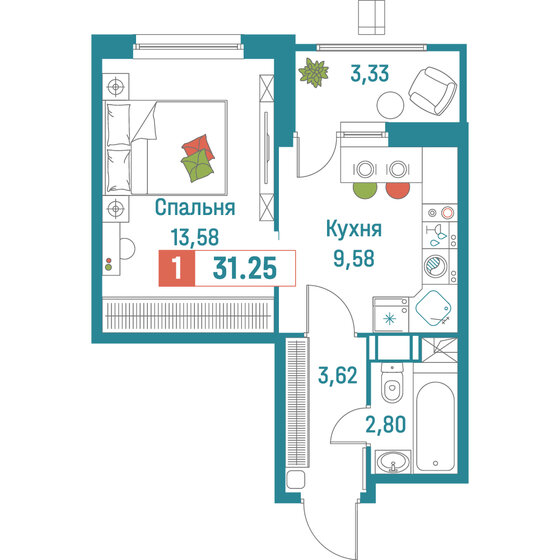 31,3 м², 1-комнатная квартира 6 250 000 ₽ - изображение 9