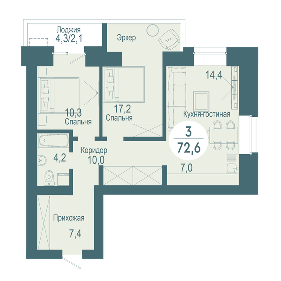 72,6 м², 3-комнатная квартира 14 157 000 ₽ - изображение 1