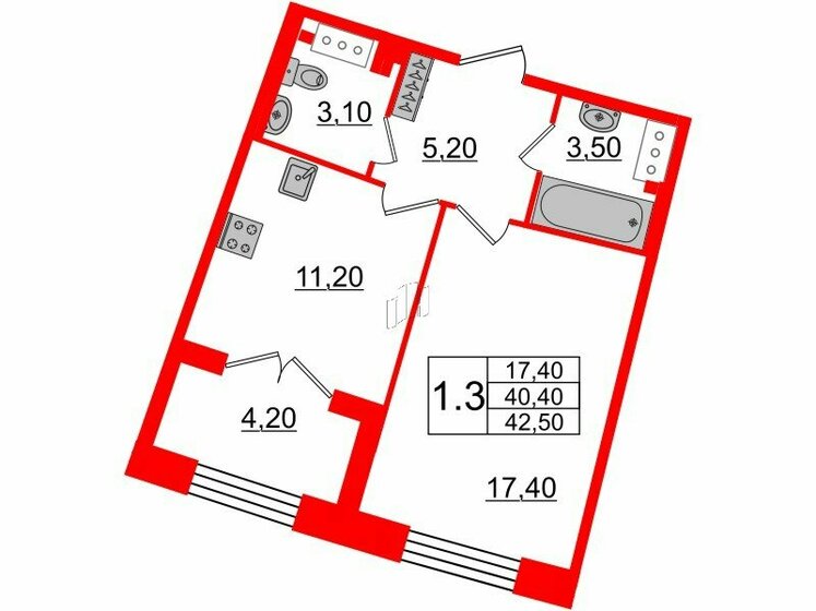 40,4 м², 1-комнатная квартира 17 574 000 ₽ - изображение 1