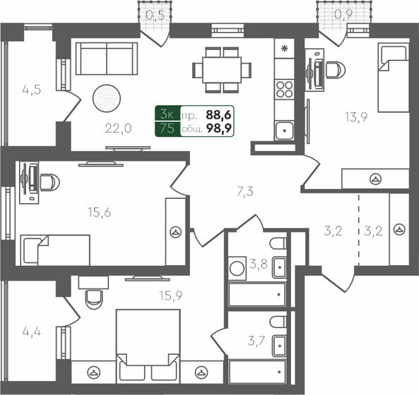 98,9 м², 3-комнатная квартира 9 820 000 ₽ - изображение 1