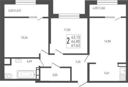 Квартира 67,6 м², 2-комнатная - изображение 1