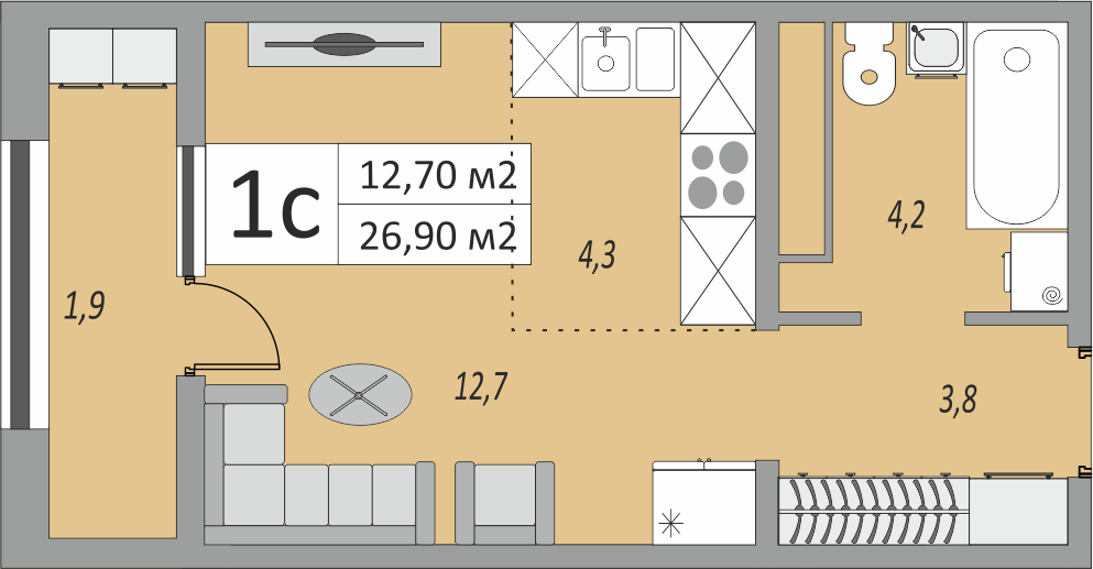 26,9 м², 1-комнатная квартира 2 178 900 ₽ - изображение 1