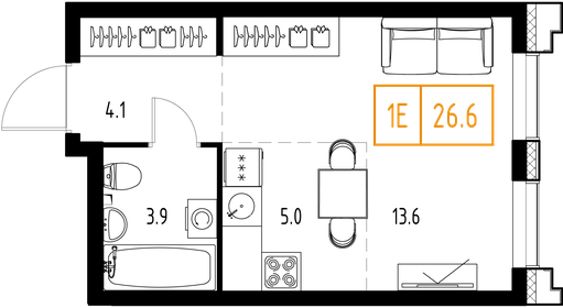 Квартира 26,6 м², 1-комнатная - изображение 2