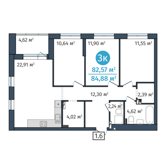 82,6 м², 3-комнатная квартира 9 510 000 ₽ - изображение 1