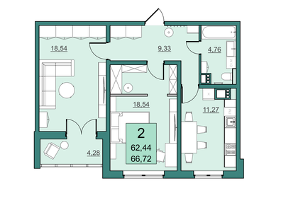 Квартира 62,4 м², 2-комнатная - изображение 2