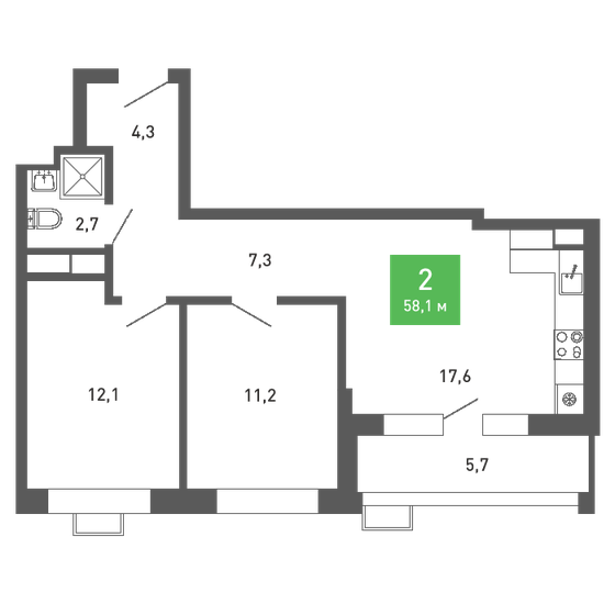 58,1 м², 2-комнатная квартира 6 641 901 ₽ - изображение 1
