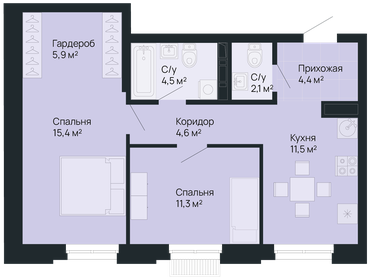 60,2 м², 2-комнатная квартира 14 261 380 ₽ - изображение 26