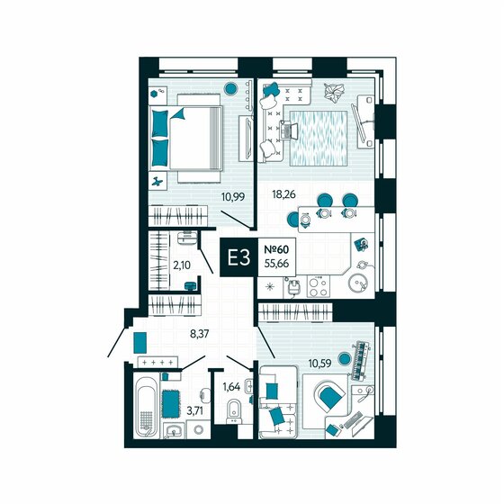 55,7 м², 2-комнатная квартира 6 790 520 ₽ - изображение 1
