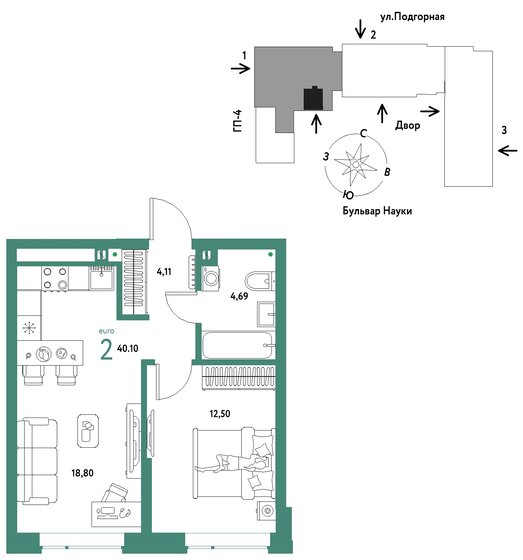 40,1 м², 2-комнатная квартира 5 940 000 ₽ - изображение 1