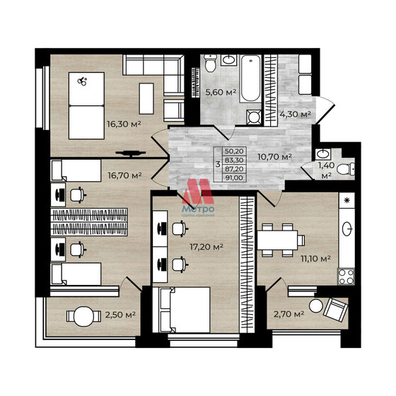 87,2 м², 3-комнатная квартира 8 284 000 ₽ - изображение 1