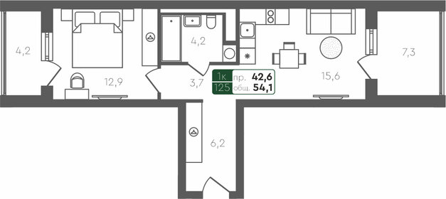 Квартира 54,1 м², 1-комнатная - изображение 1