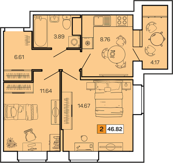 46,8 м², 2-комнатная квартира 5 813 364 ₽ - изображение 1