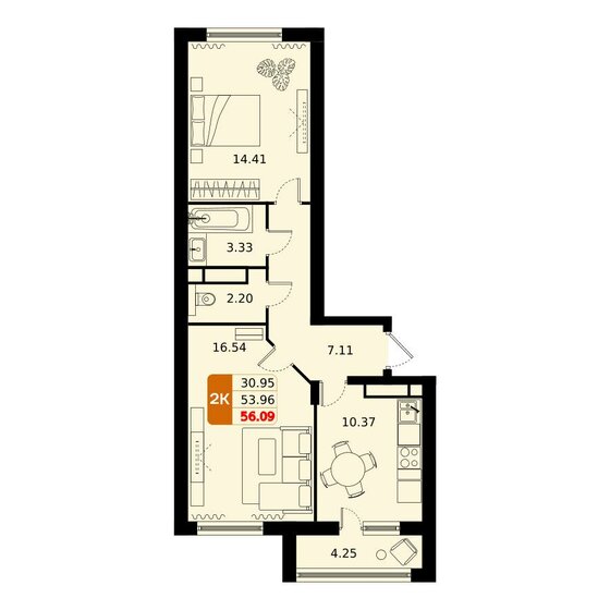 56,1 м², 2-комнатная квартира 9 254 850 ₽ - изображение 1