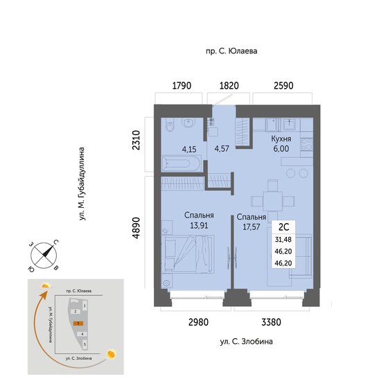 46,2 м², 2-комнатная квартира 7 415 100 ₽ - изображение 1