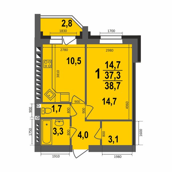 38,7 м², 1-комнатная квартира 3 491 127 ₽ - изображение 1