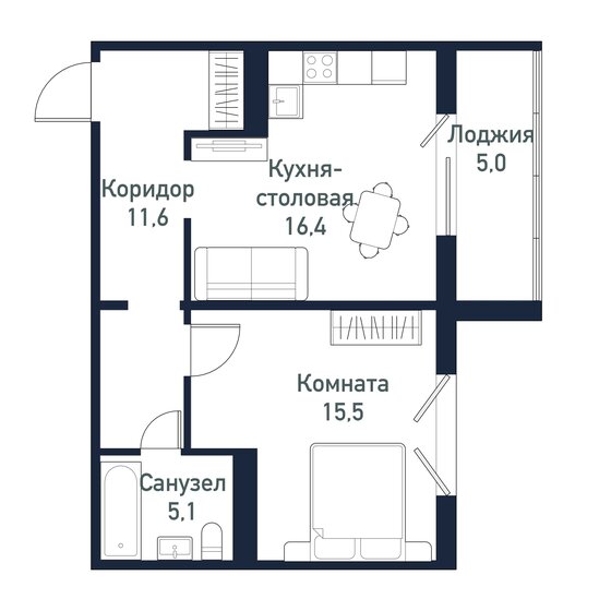 48,5 м², 1-комнатная квартира 6 062 500 ₽ - изображение 1