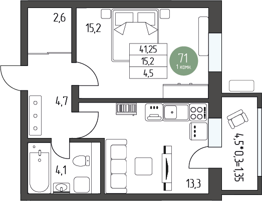 44,4 м², 1-комнатная квартира 6 022 500 ₽ - изображение 1