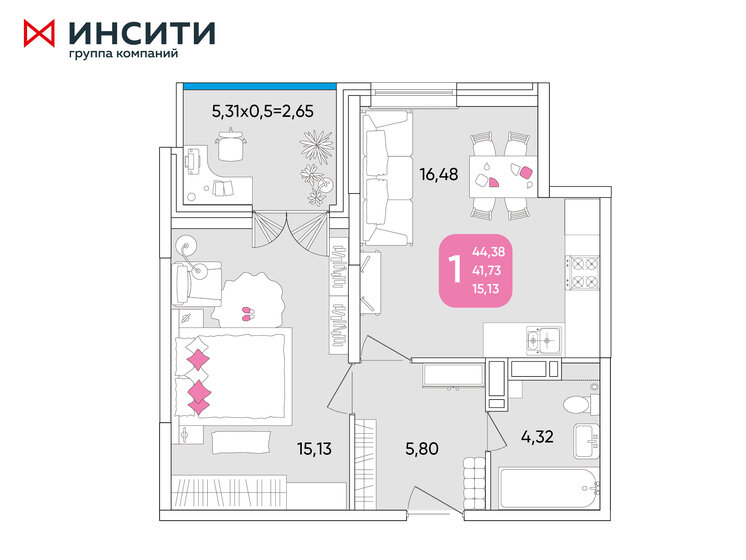 44,4 м², 1-комнатная квартира 6 423 284 ₽ - изображение 1