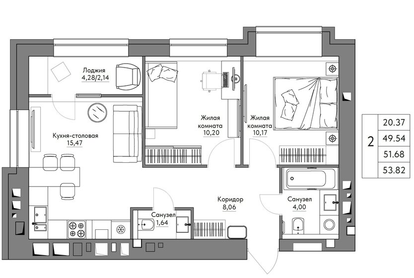 53,8 м², 2-комнатная квартира 5 910 685 ₽ - изображение 1