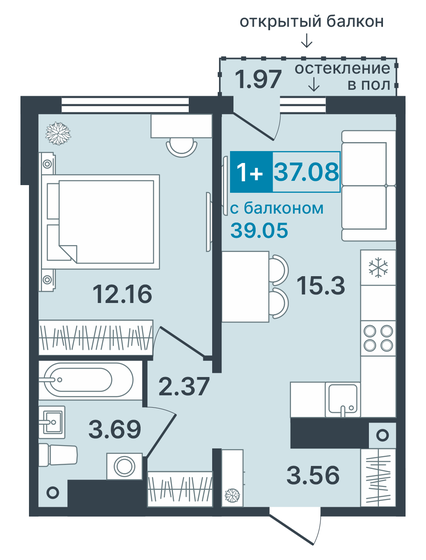 37,1 м², 1-комнатная квартира 7 290 000 ₽ - изображение 1