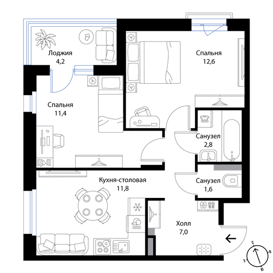 49,3 м², 2-комнатная квартира 8 849 350 ₽ - изображение 1